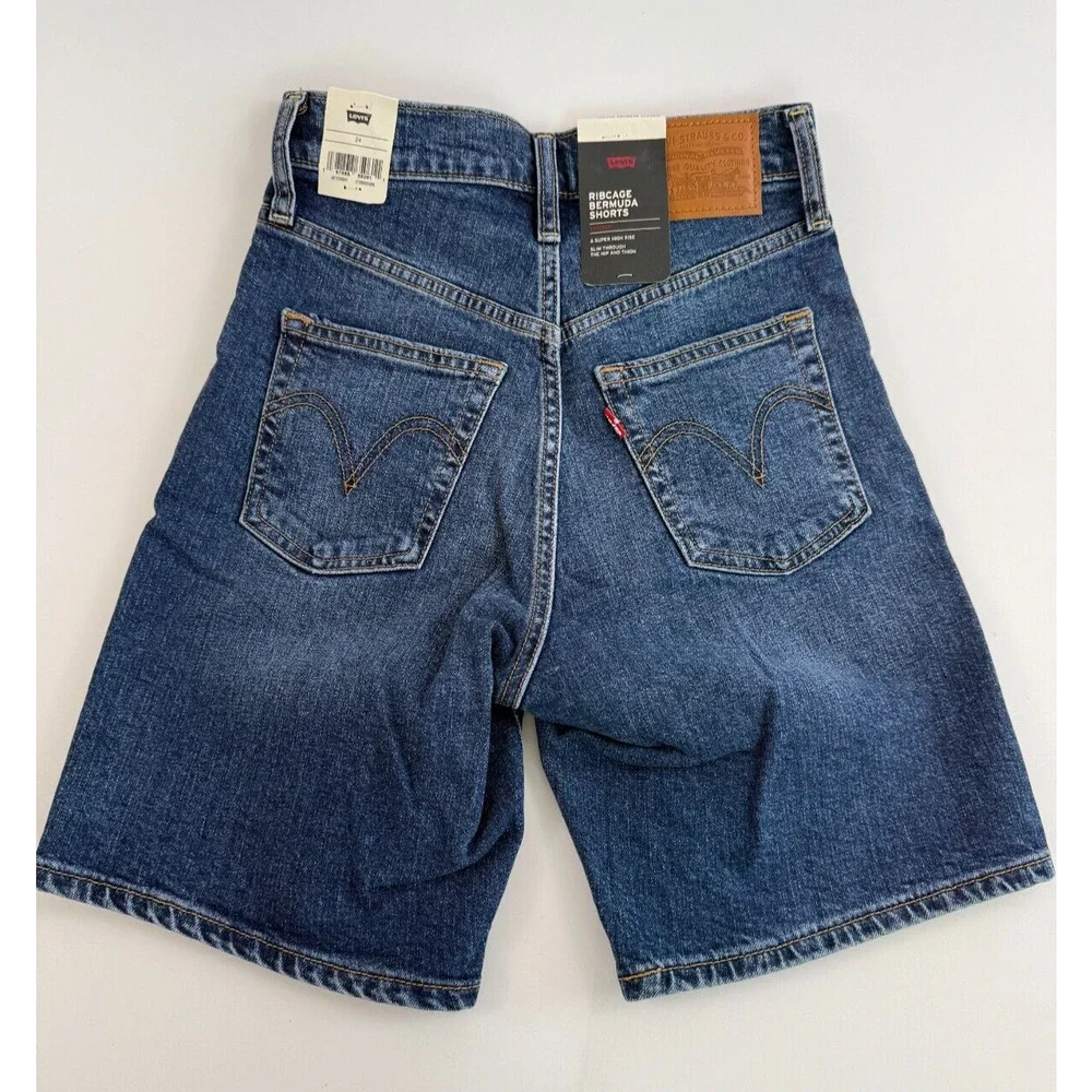 Levi's Premium Women Ribcage Bermuda High Rise Jeans Short Size 24 Blue NWT